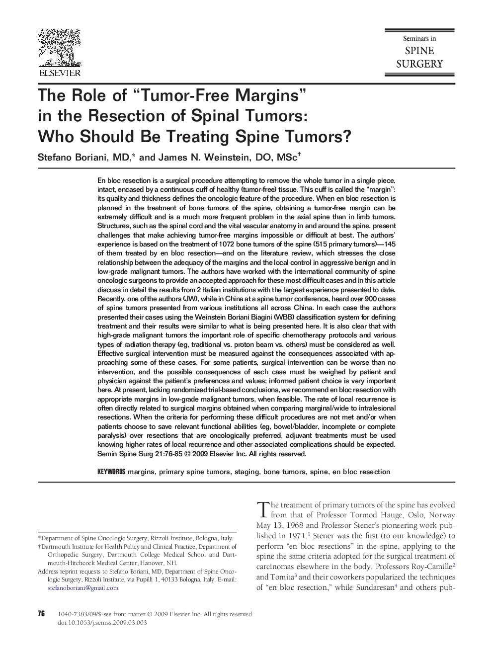 The Role of “Tumor-Free Margins” in the Resection of Spinal Tumors: Who Should Be Treating Spine Tumors?