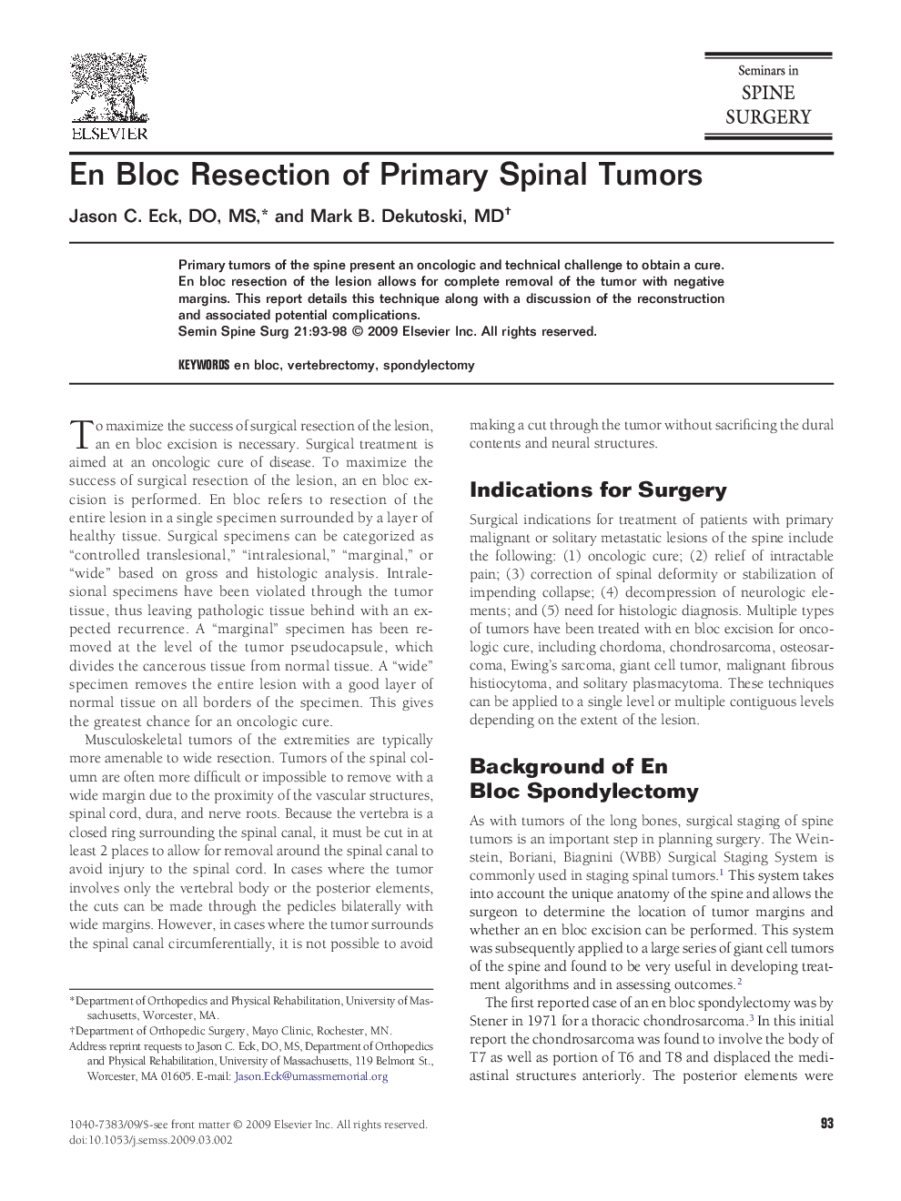 En Bloc Resection of Primary Spinal Tumors