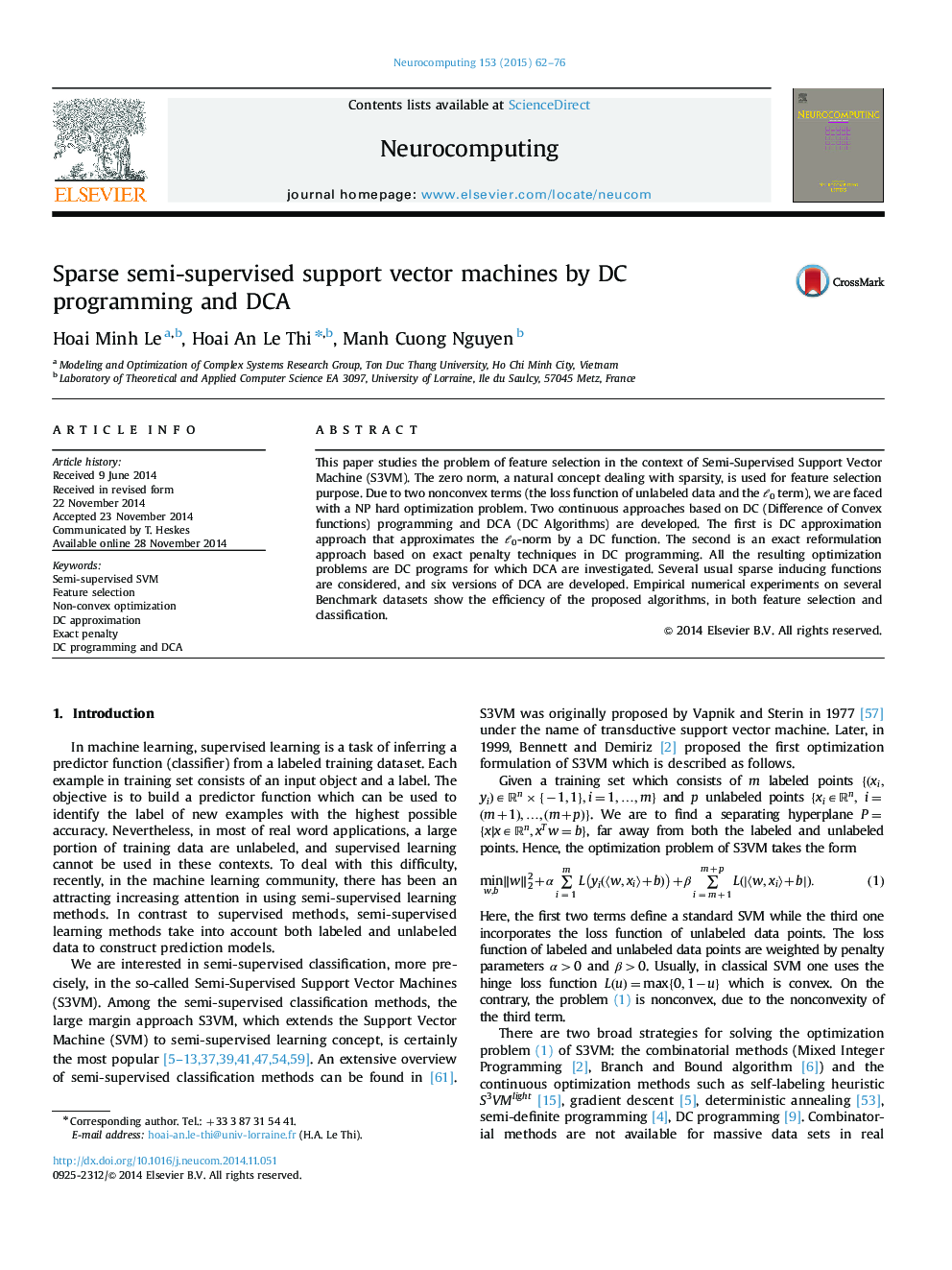 Sparse semi-supervised support vector machines by DC programming and DCA