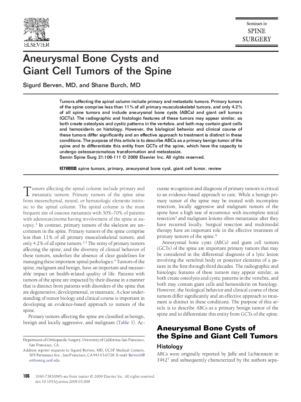 Aneurysmal Bone Cysts and Giant Cell Tumors of the Spine