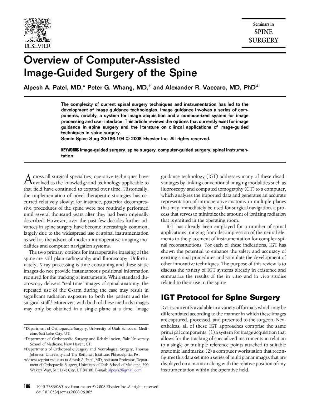 Overview of Computer-Assisted Image-Guided Surgery of the Spine