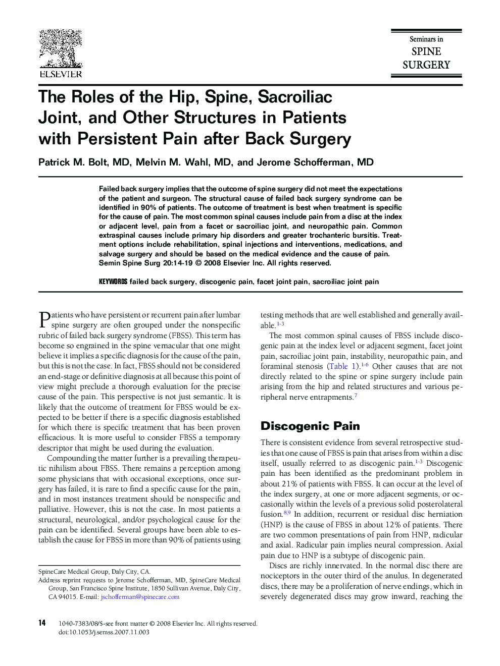 The Roles of the Hip, Spine, Sacroiliac Joint, and Other Structures in Patients with Persistent Pain after Back Surgery