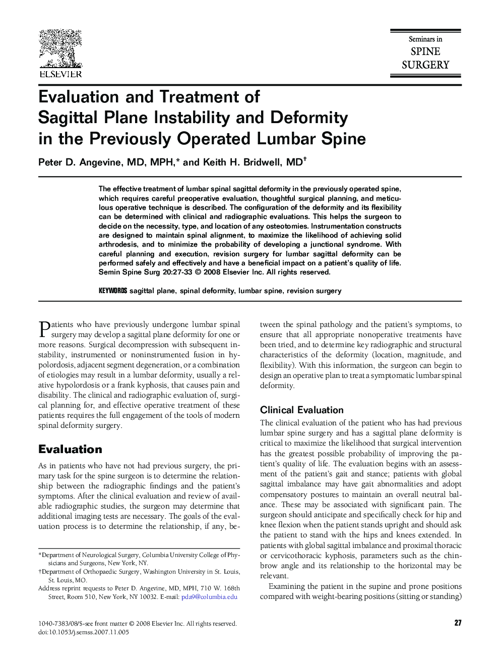 Evaluation and Treatment of Sagittal Plane Instability and Deformity in the Previously Operated Lumbar Spine