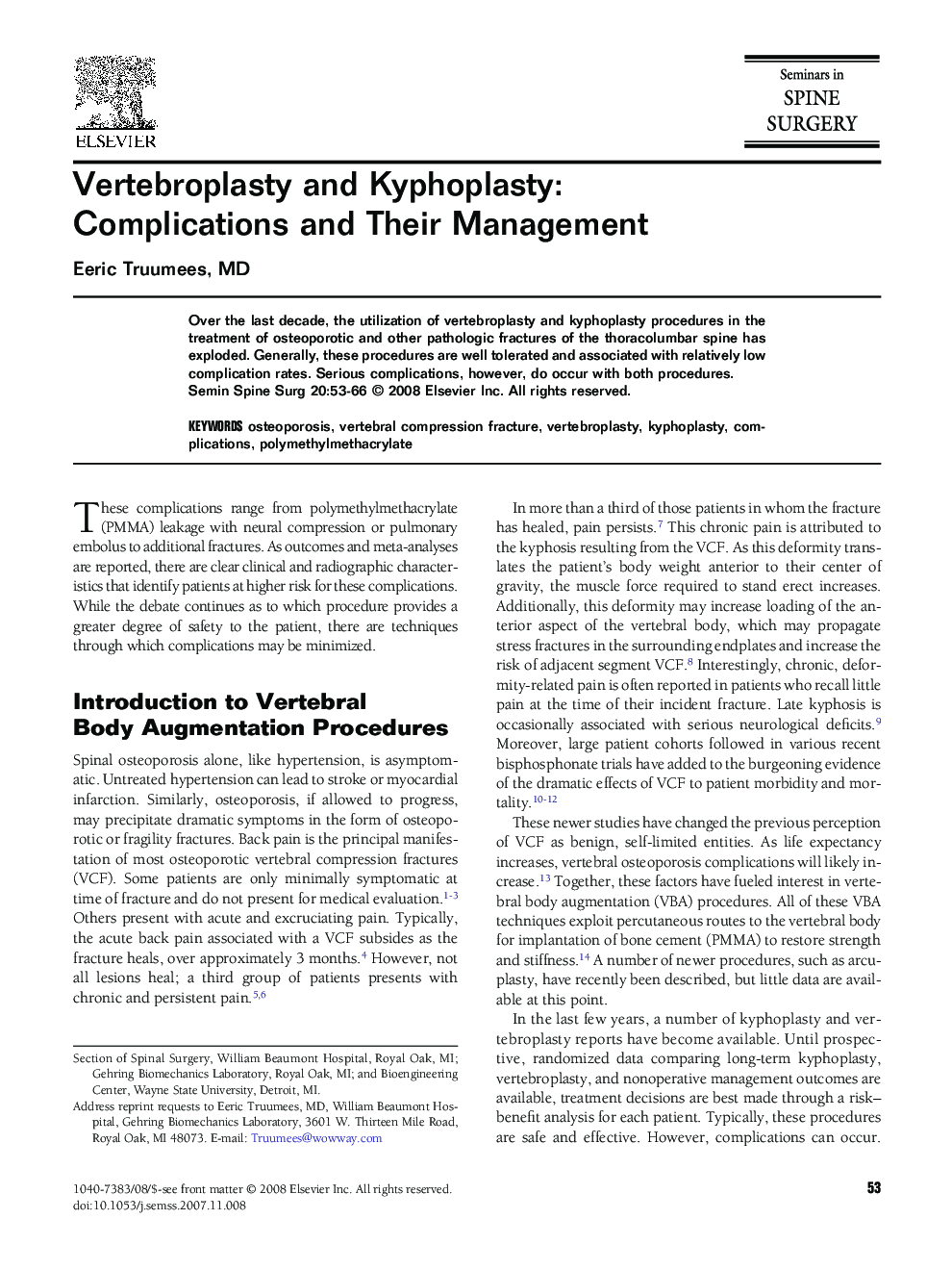 Vertebroplasty and Kyphoplasty: Complications and Their Management