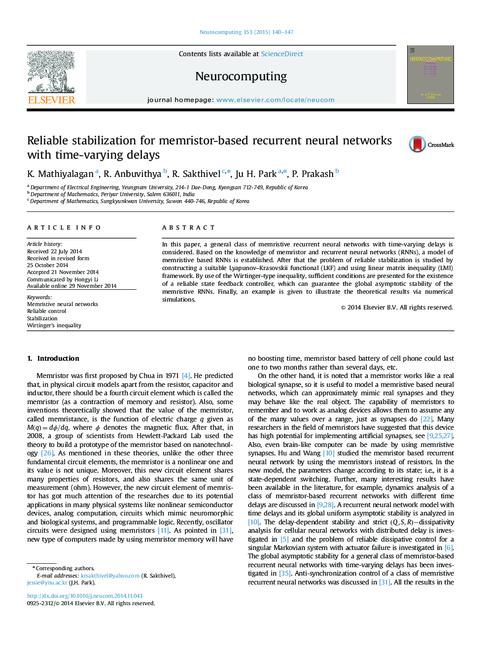 Reliable stabilization for memristor-based recurrent neural networks with time-varying delays