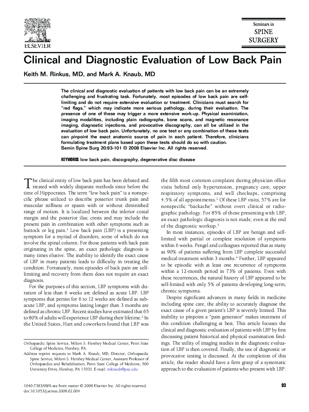 Clinical and Diagnostic Evaluation of Low Back Pain