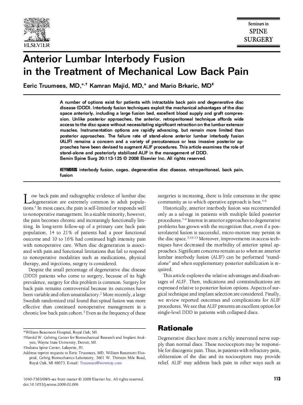 Anterior Lumbar Interbody Fusion in the Treatment of Mechanical Low Back Pain