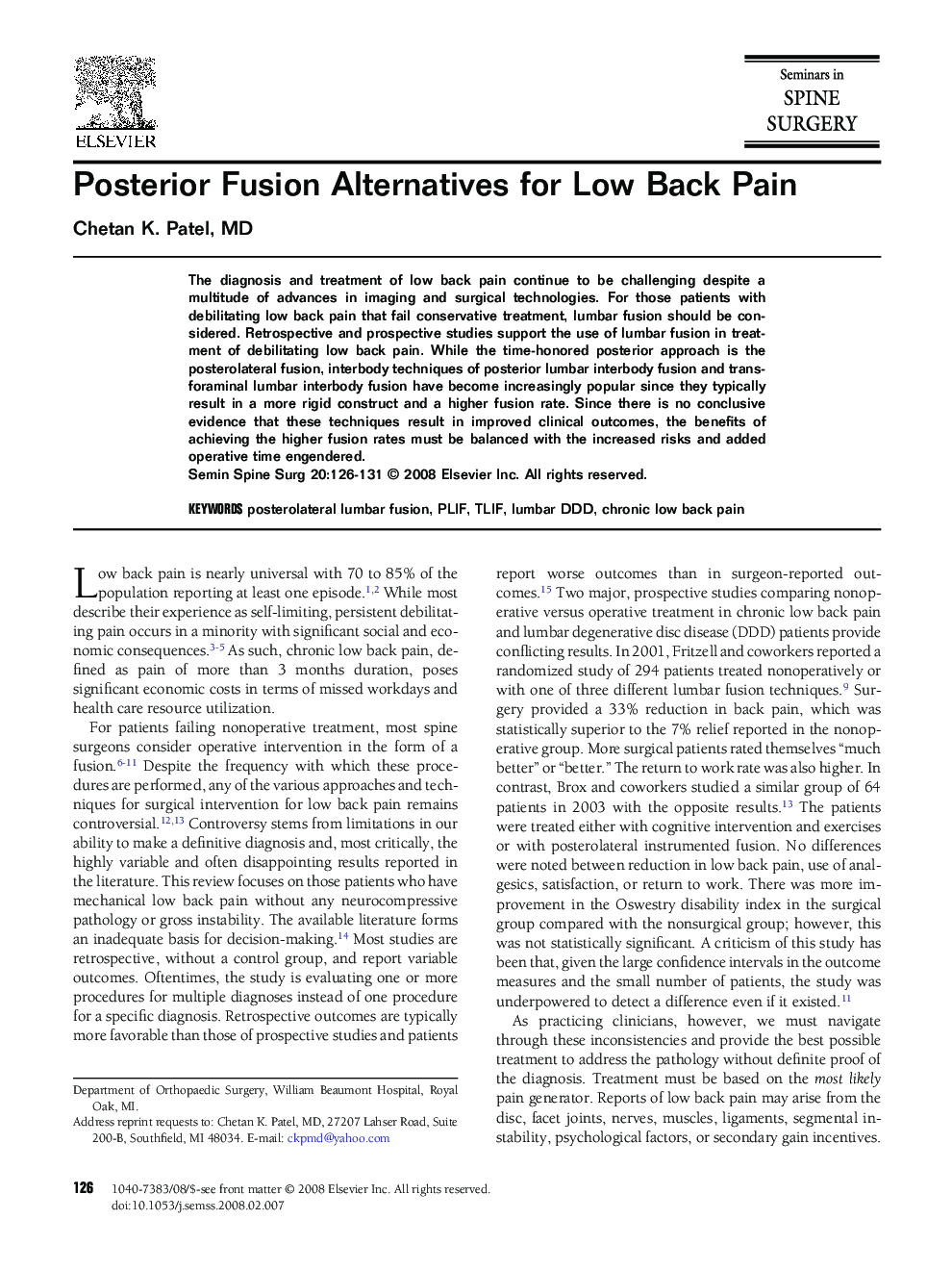 Posterior Fusion Alternatives for Low Back Pain