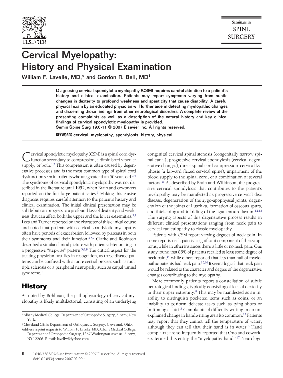 Cervical Myelopathy: History and Physical Examination