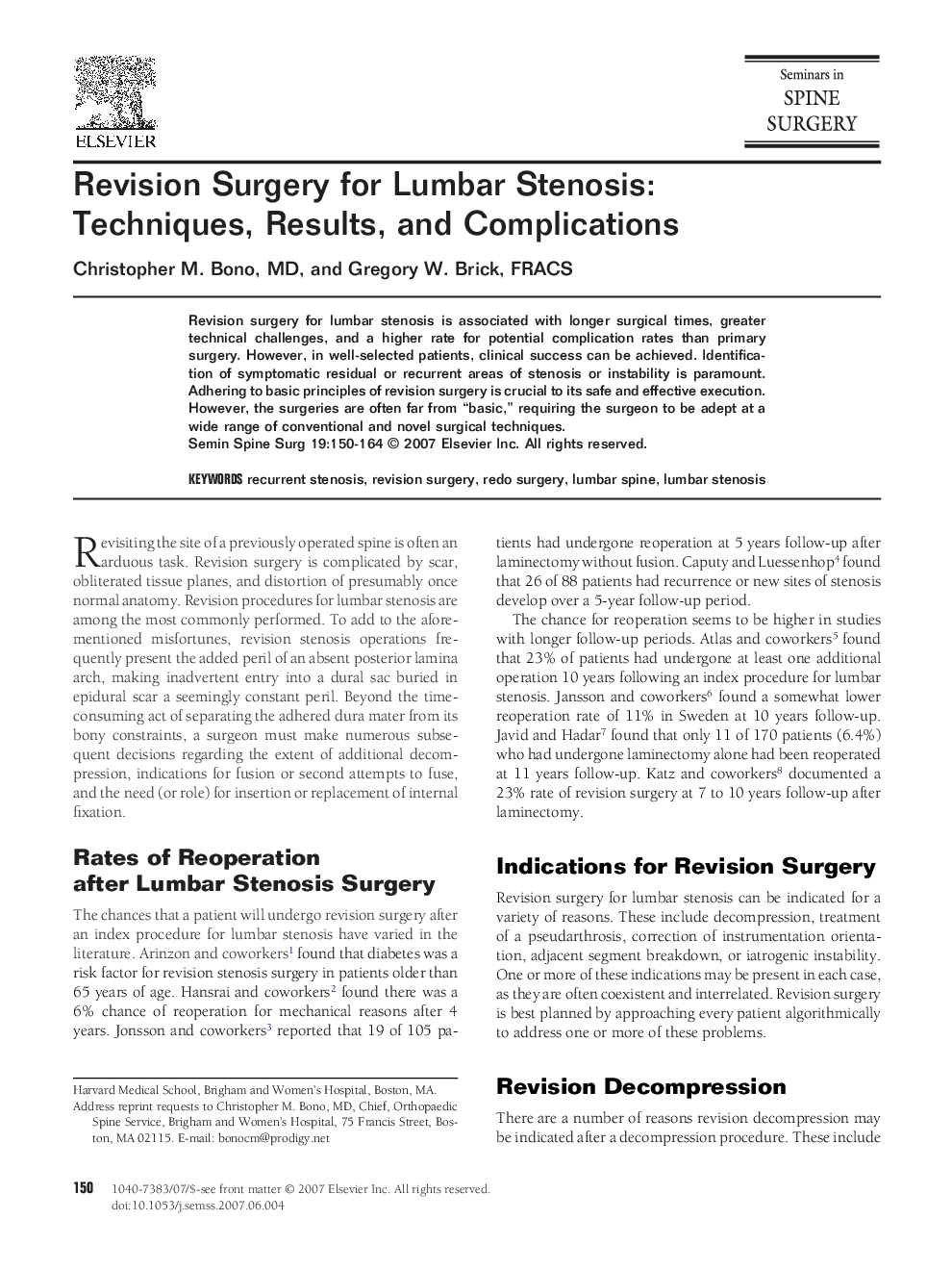 Revision Surgery for Lumbar Stenosis: Techniques, Results, and Complications