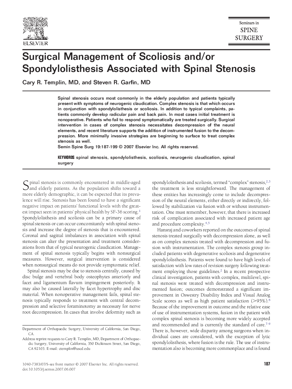 Surgical Management of Scoliosis and/or Spondylolisthesis Associated with Spinal Stenosis