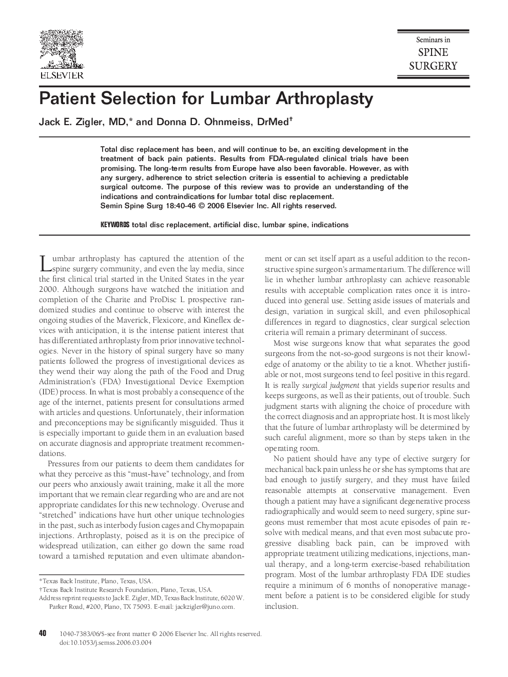 Patient Selection for Lumbar Arthroplasty
