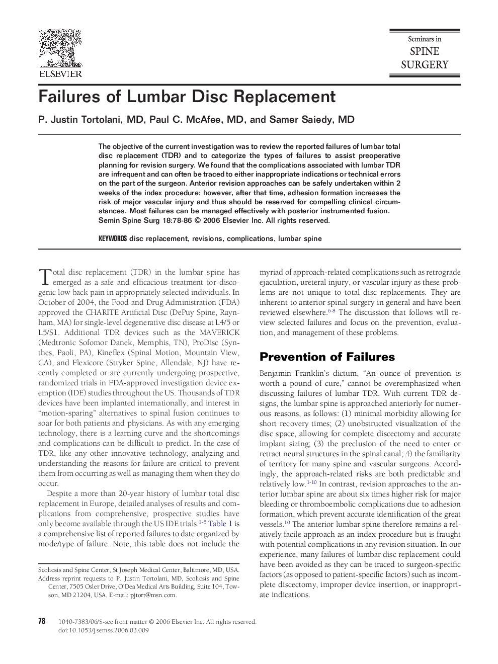 Failures of Lumbar Disc Replacement