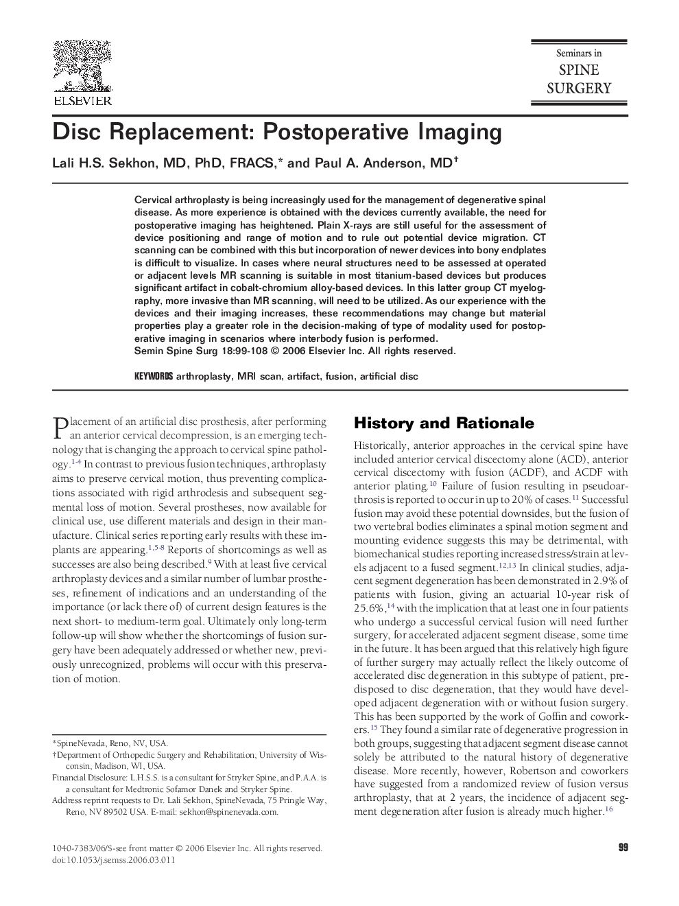 Disc Replacement: Postoperative Imaging 