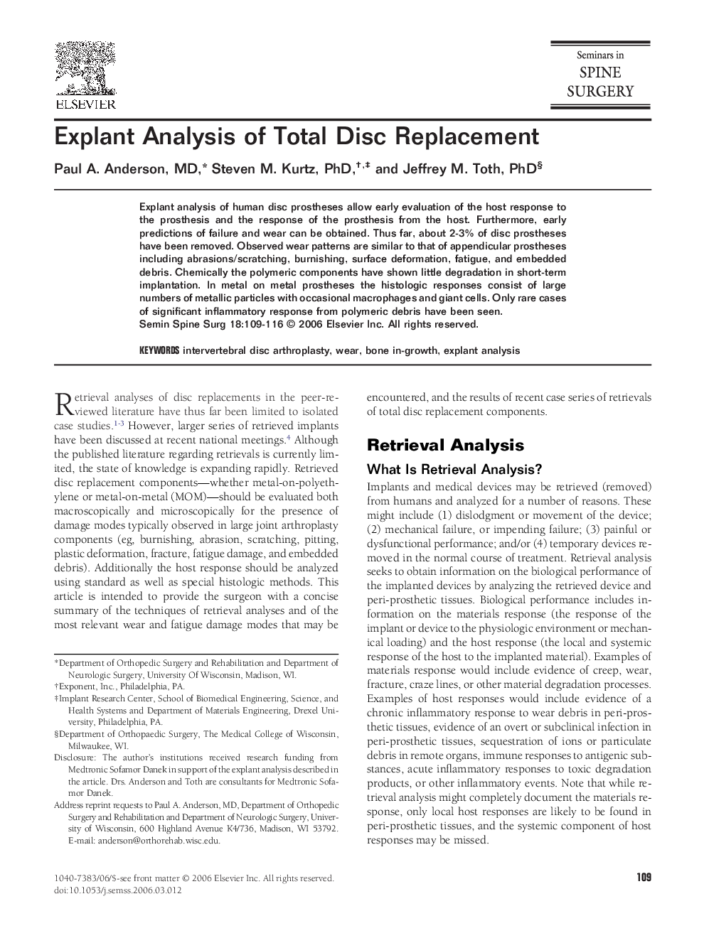 Explant Analysis of Total Disc Replacement