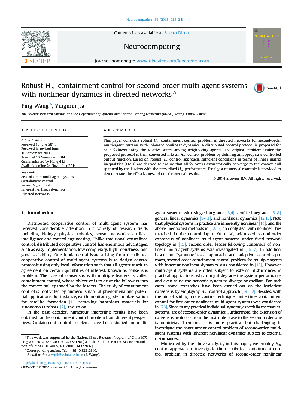 Robust H∞H∞ containment control for second-order multi-agent systems with nonlinear dynamics in directed networks 