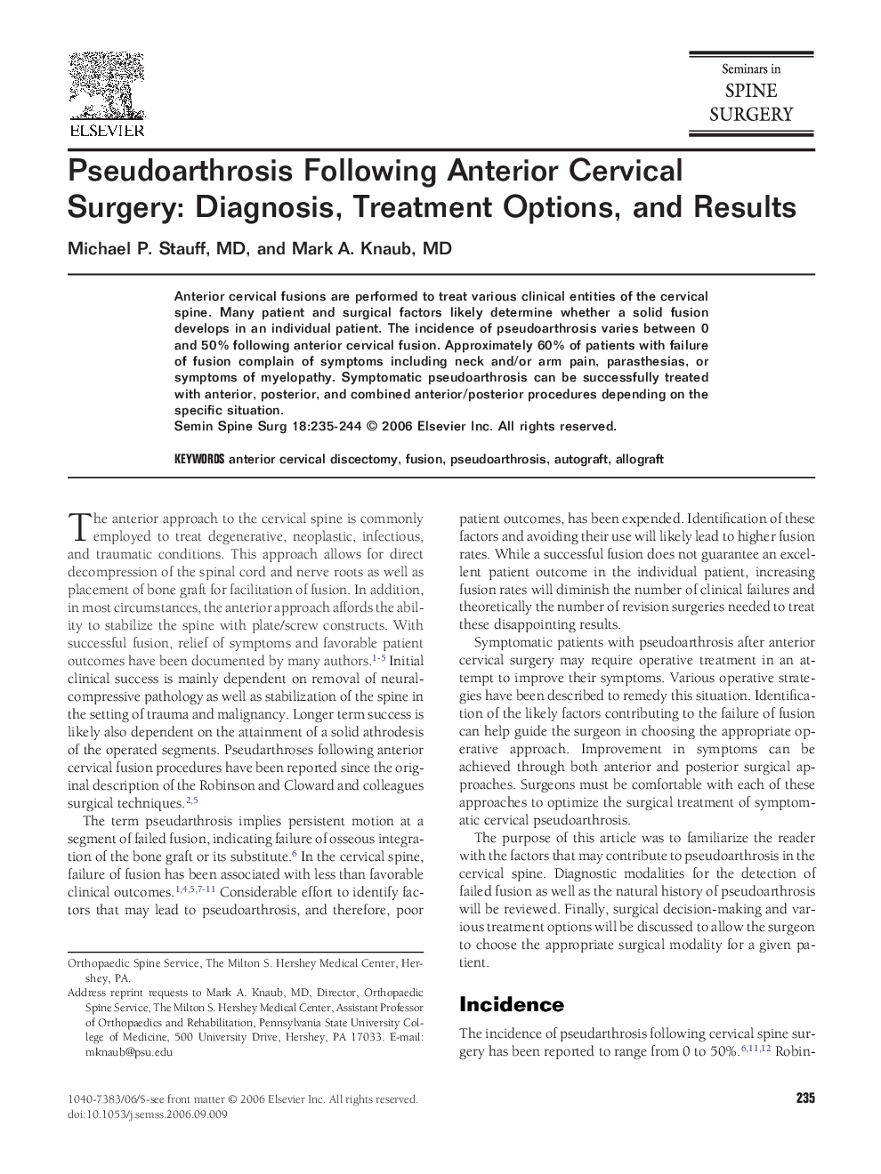 Pseudoarthrosis Following Anterior Cervical Surgery: Diagnosis, Treatment Options, and Results