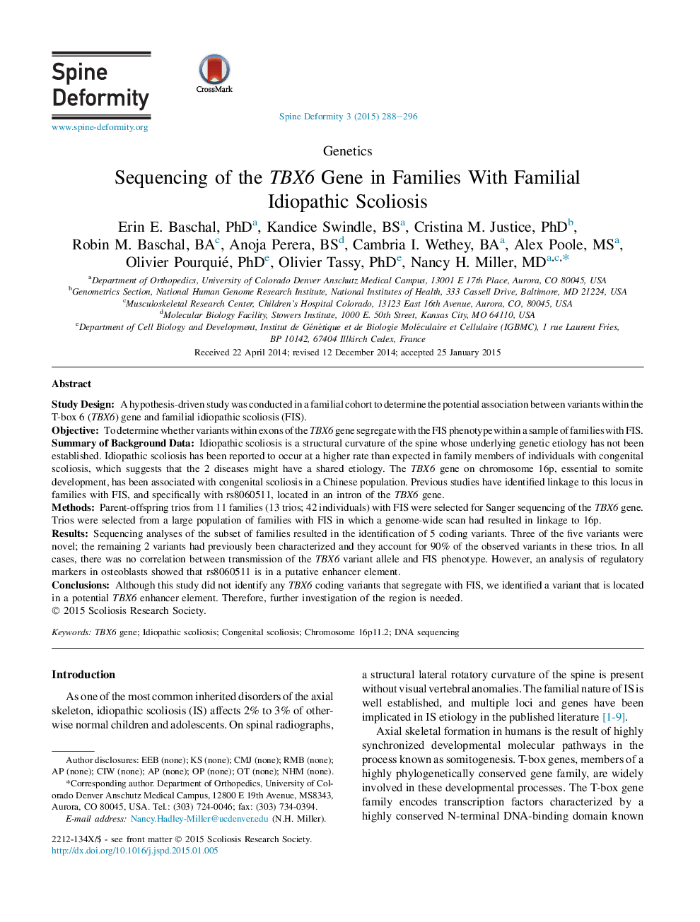 Sequencing of the TBX6 Gene in Families With Familial Idiopathic Scoliosis 