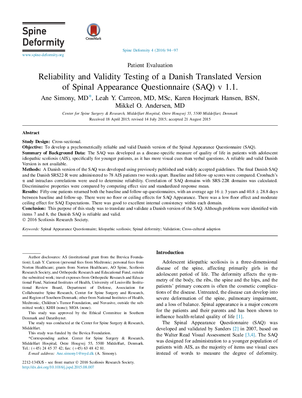 Reliability and Validity Testing of a Danish Translated Version of Spinal Appearance Questionnaire (SAQ) v 1.1. 