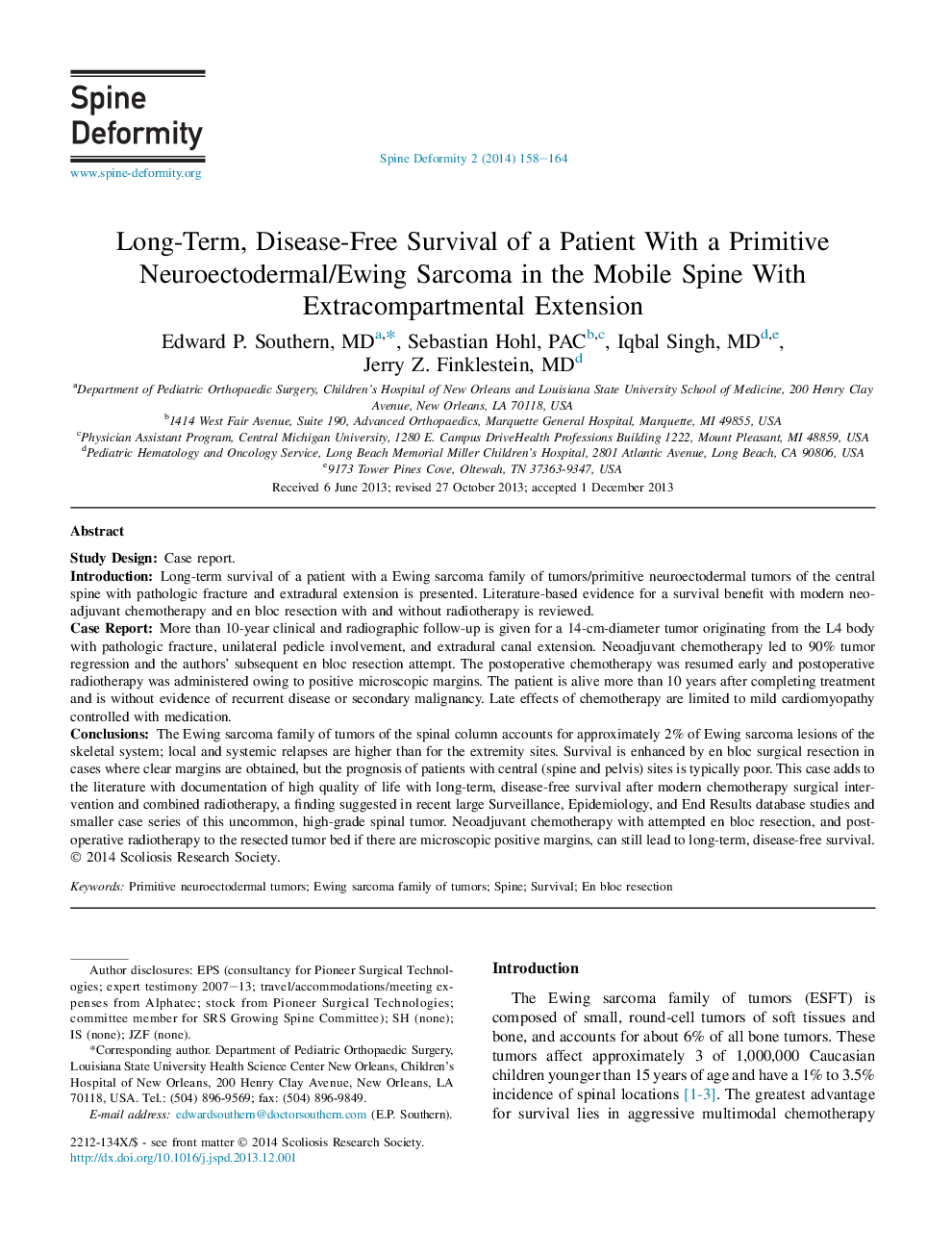 Long-Term, Disease-Free Survival of a Patient With a Primitive Neuroectodermal/Ewing Sarcoma in the Mobile Spine With Extracompartmental Extension 