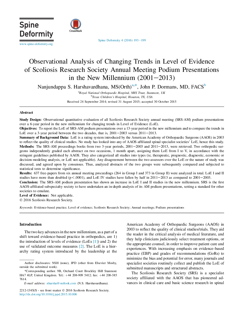 Observational Analysis of Changing Trends in Level of Evidence of Scoliosis Research Society Annual Meeting Podium Presentations in the New Millennium (2001–2013) 