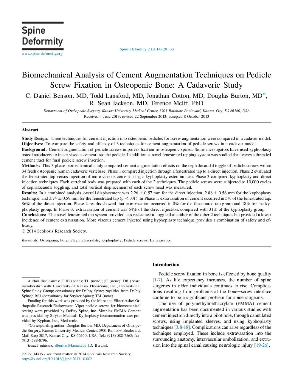 تجزیه و تحلیل بیومکانیک تکنیک های ارتقاء سیمان بر روی رفع اسکرو پدیکل در استخوان استئوپنیک: یک مطالعه کاداورریک 