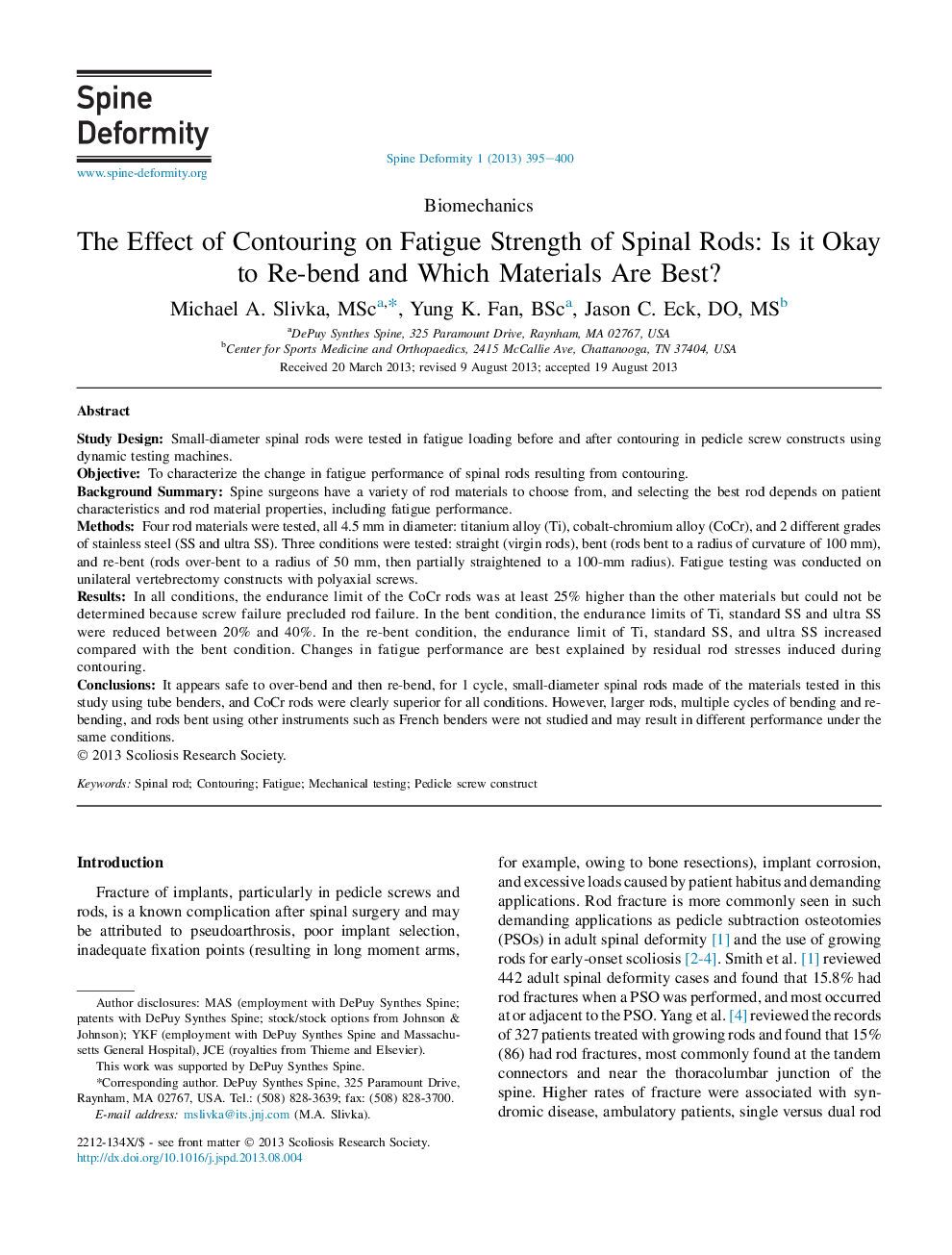 The Effect of Contouring on Fatigue Strength of Spinal Rods: Is it Okay to Re-bend and Which Materials Are Best? 