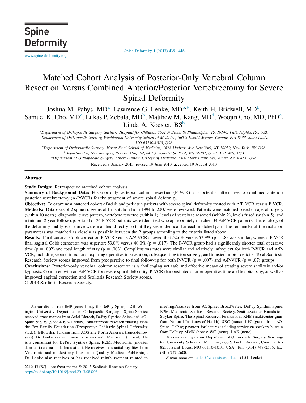 Matched Cohort Analysis of Posterior-Only Vertebral Column Resection Versus Combined Anterior/Posterior Vertebrectomy for Severe Spinal Deformity