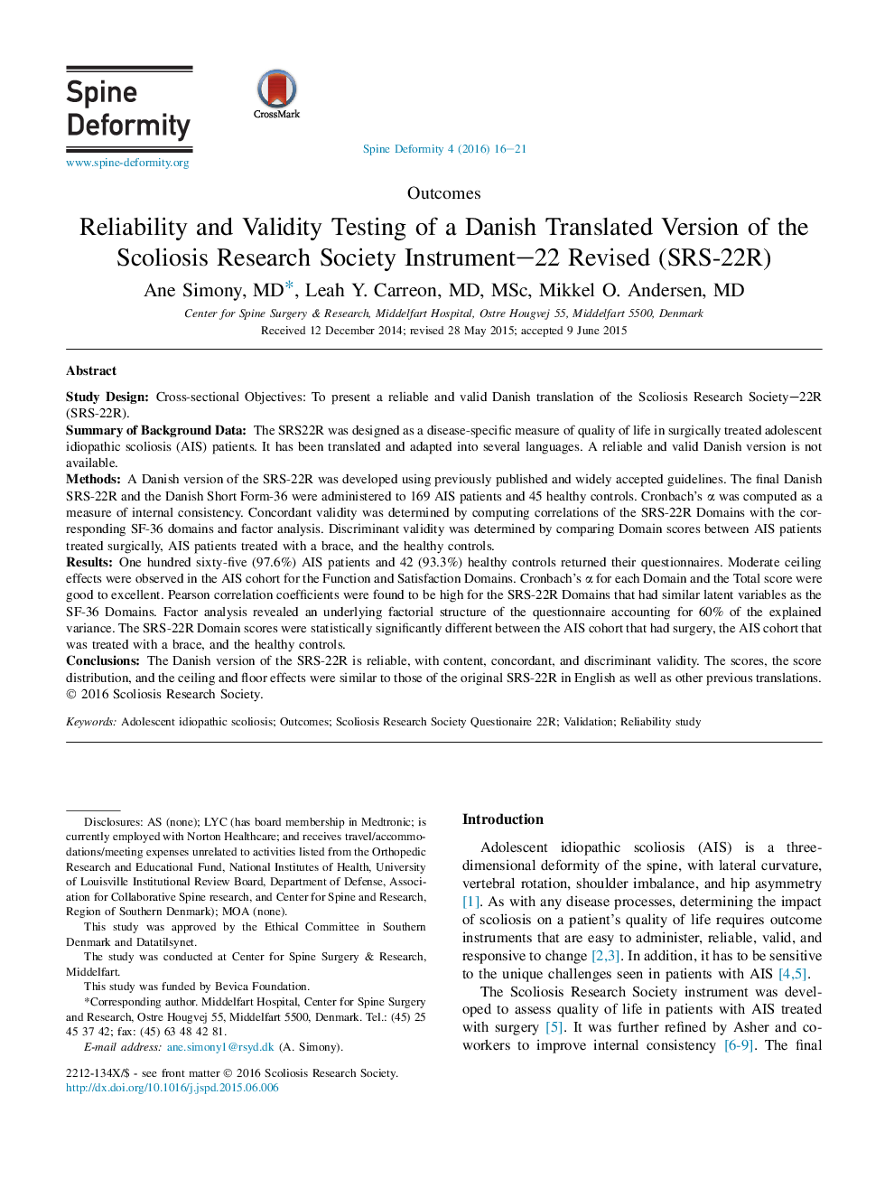 Reliability and Validity Testing of a Danish Translated Version of the Scoliosis Research Society Instrument-22 Revised (SRS-22R)