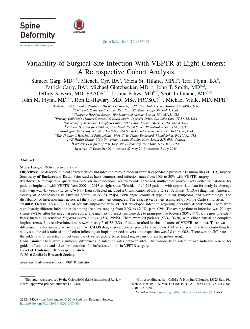 Variability of Surgical Site Infection With VEPTR at Eight Centers: AÂ Retrospective Cohort Analysis