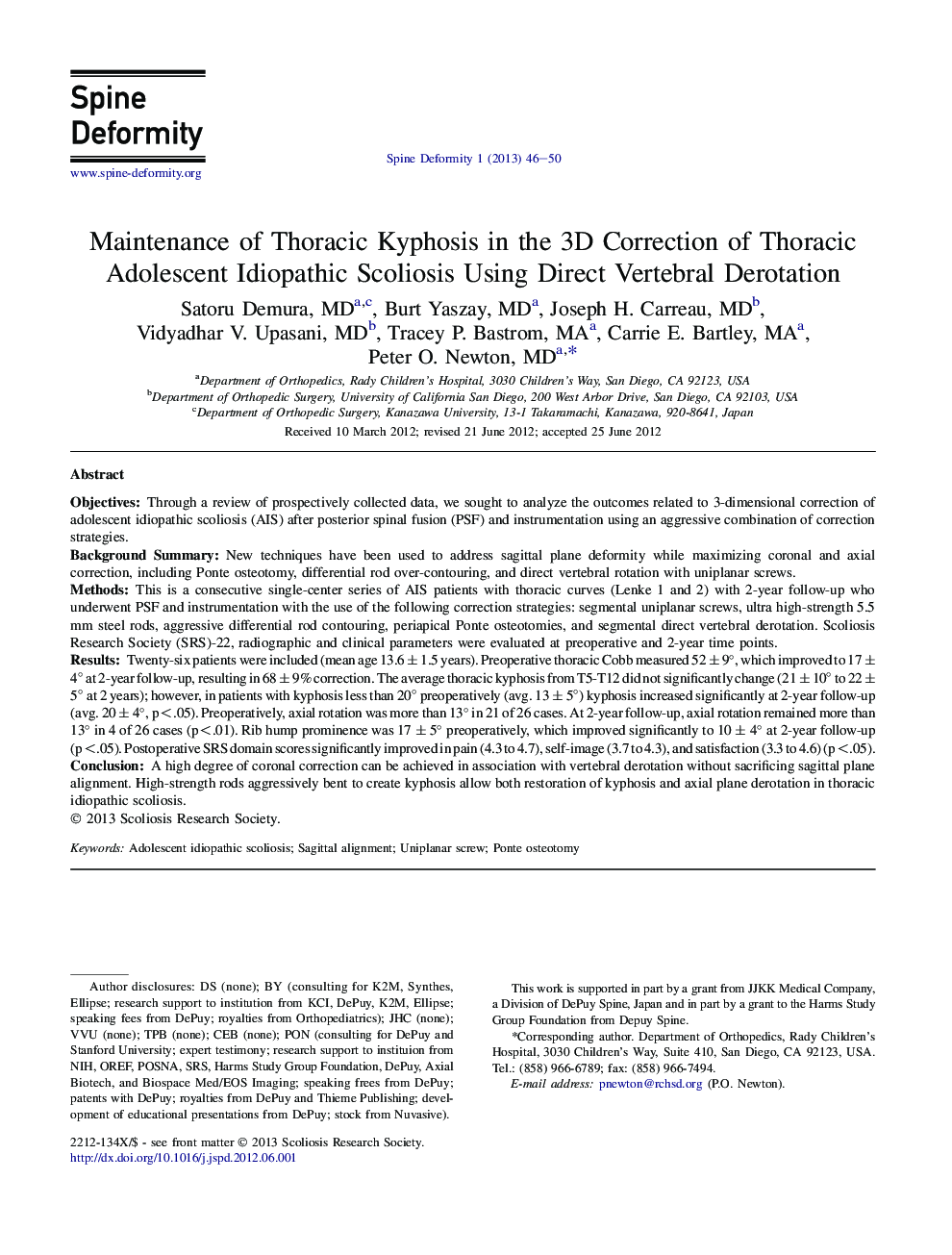 Maintenance of Thoracic Kyphosis in the 3D Correction of Thoracic Adolescent Idiopathic Scoliosis Using Direct Vertebral Derotation 