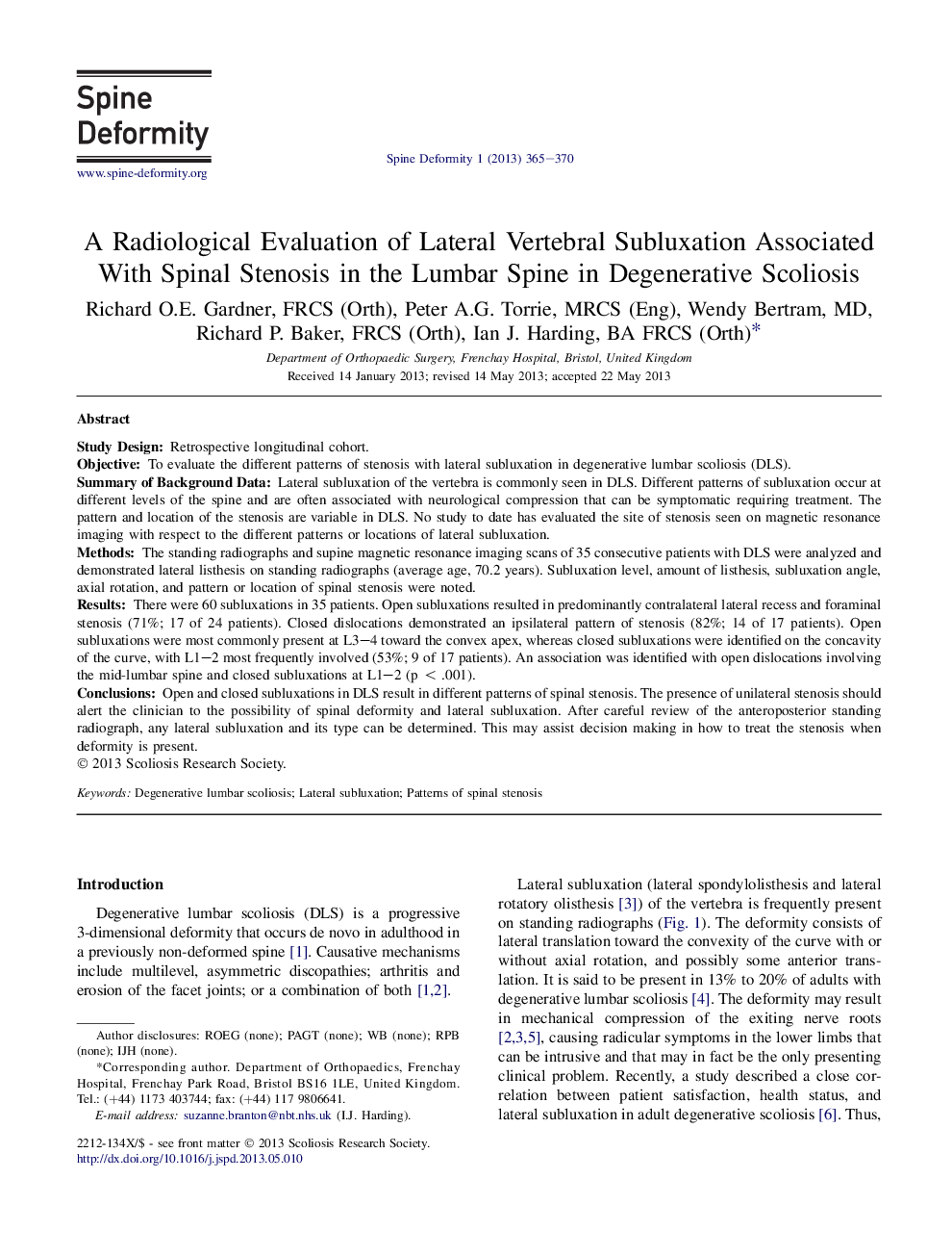 A Radiological Evaluation of Lateral Vertebral Subluxation Associated With Spinal Stenosis in the Lumbar Spine in Degenerative Scoliosis 