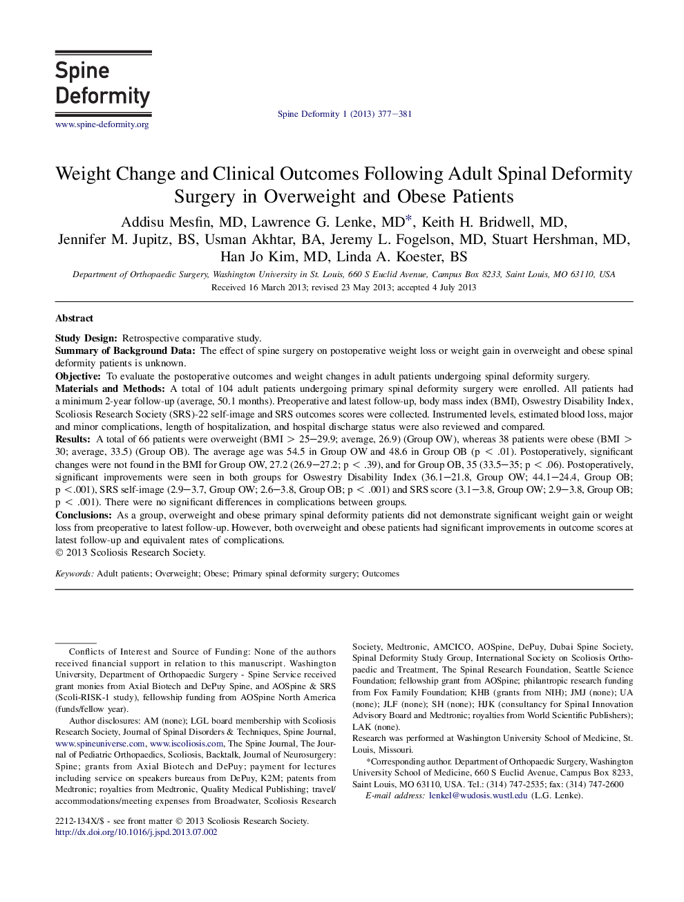 Weight Change and Clinical Outcomes Following Adult Spinal Deformity Surgery in Overweight and Obese Patients 