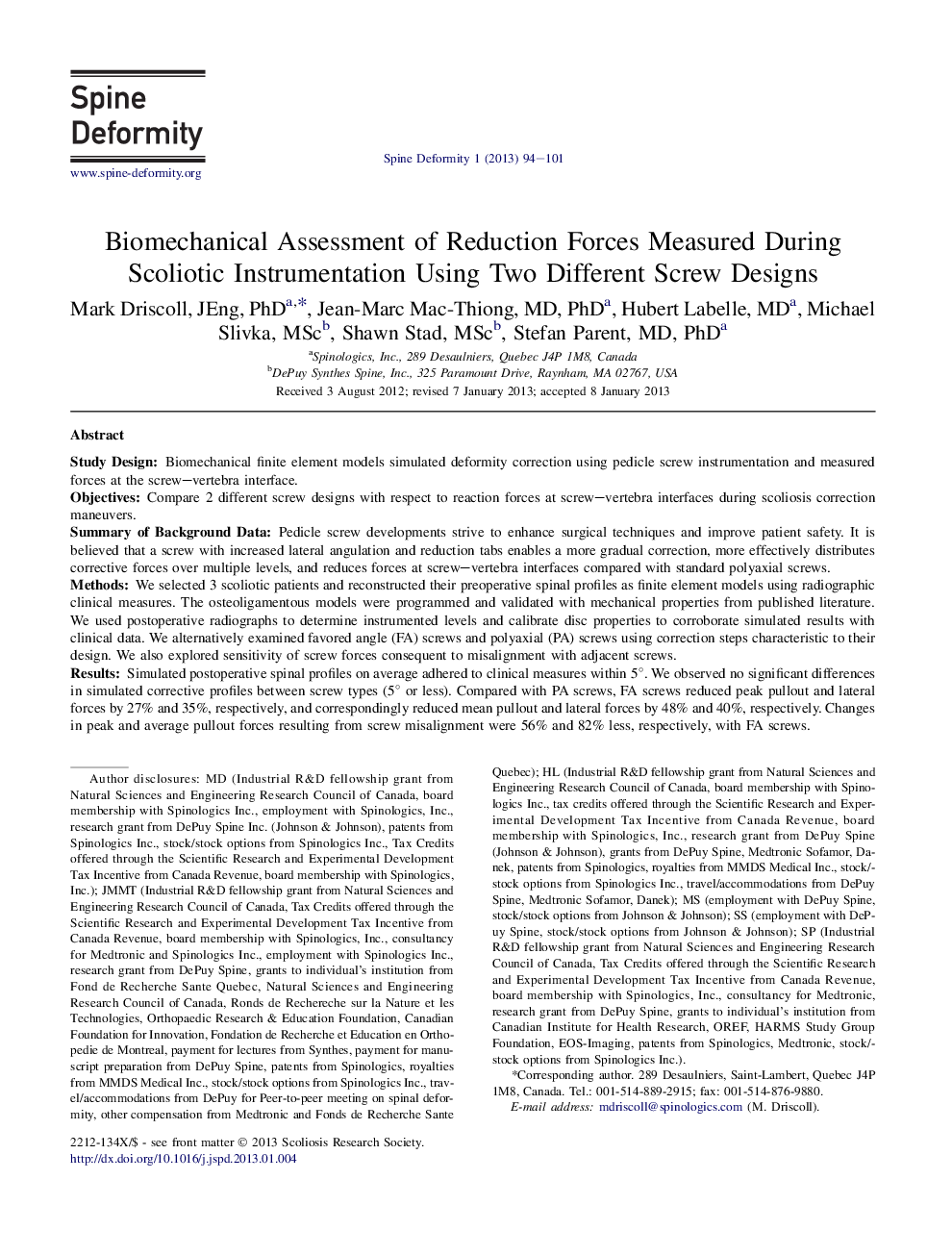 Biomechanical Assessment of Reduction Forces Measured During Scoliotic Instrumentation Using Two Different Screw Designs 