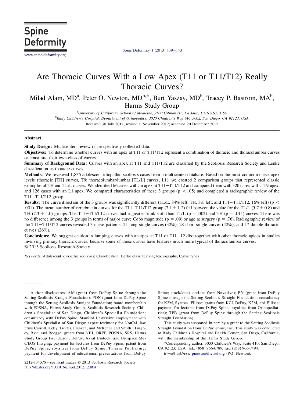 Are Thoracic Curves With a Low Apex (T11 or T11/T12) Really Thoracic Curves? 