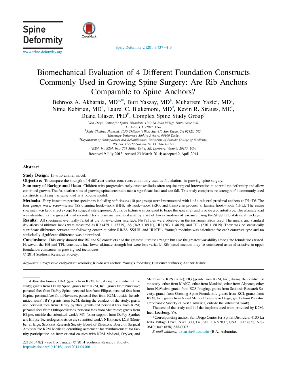 Biomechanical Evaluation of 4 Different Foundation Constructs Commonly Used in Growing Spine Surgery: Are Rib Anchors Comparable to Spine Anchors? 