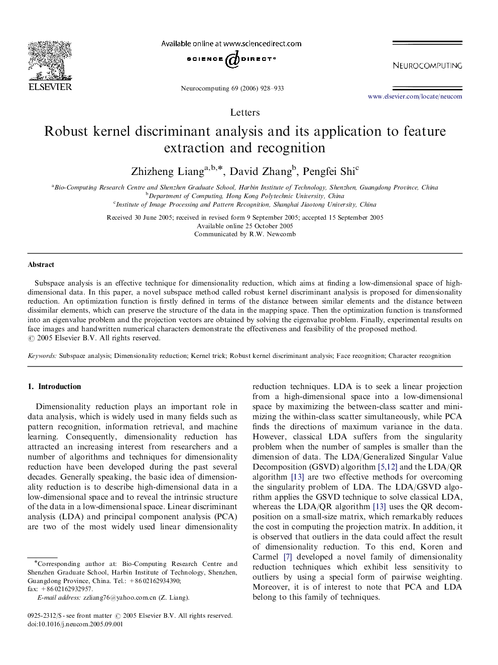 Robust kernel discriminant analysis and its application to feature extraction and recognition