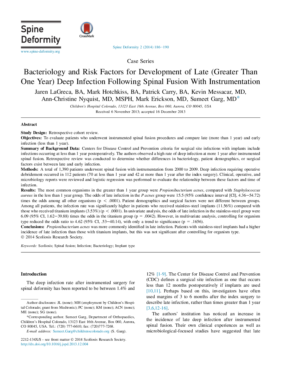 Bacteriology and Risk Factors for Development of Late (Greater Than One Year) Deep Infection Following Spinal Fusion With Instrumentation 