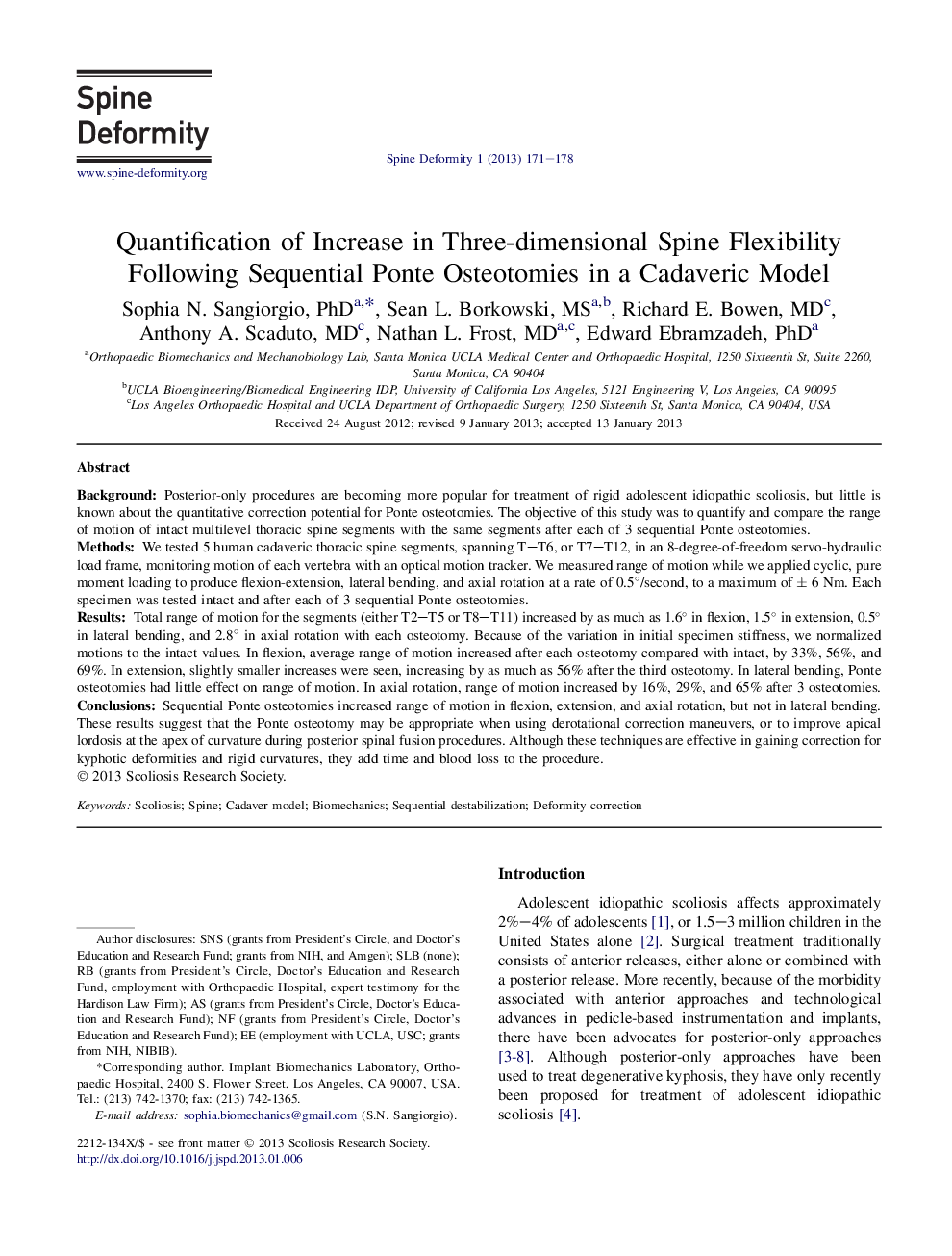 Quantification of Increase in Three-dimensional Spine Flexibility Following Sequential Ponte Osteotomies in a Cadaveric Model 