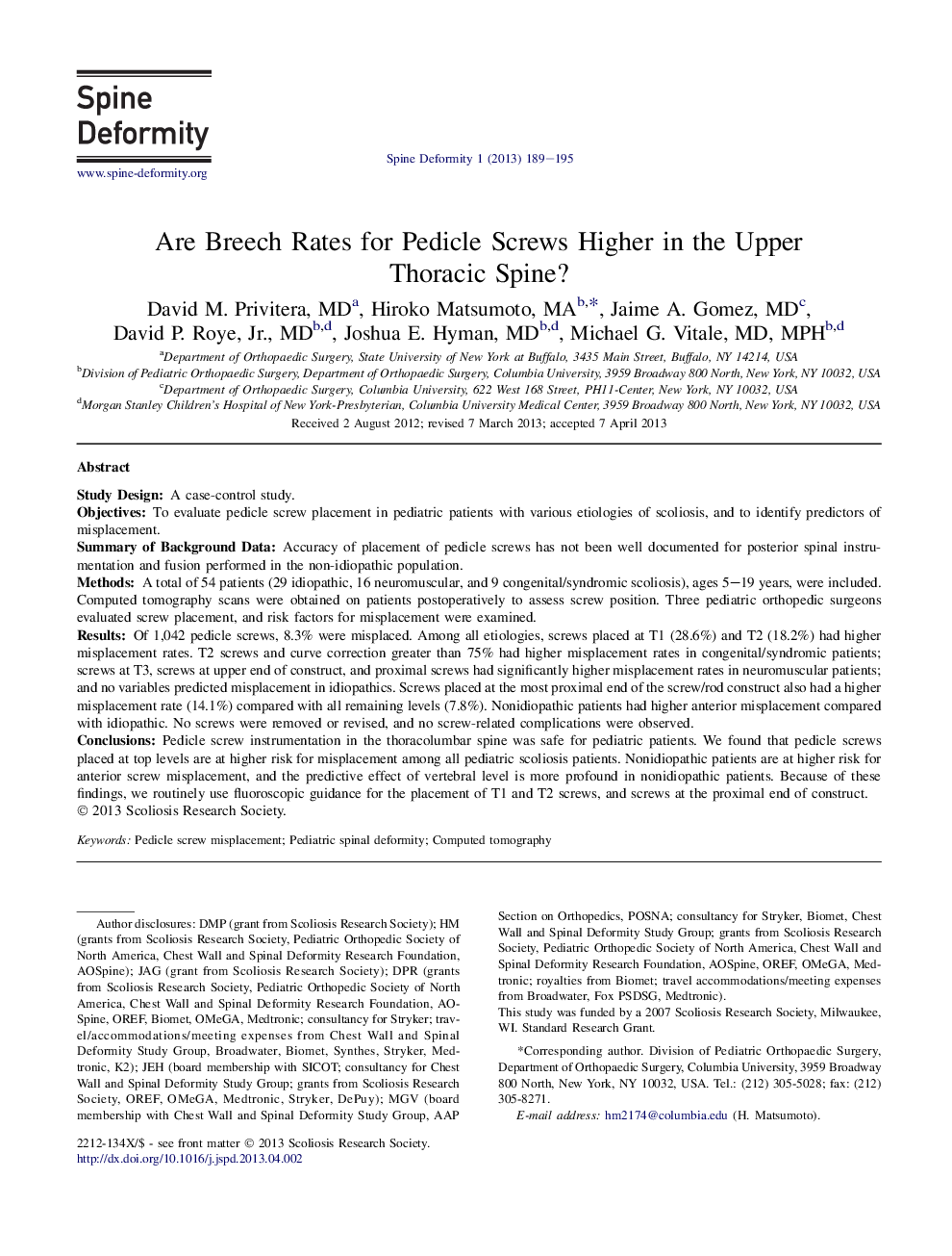 Are Breech Rates for Pedicle Screws Higher in the Upper Thoracic Spine? 