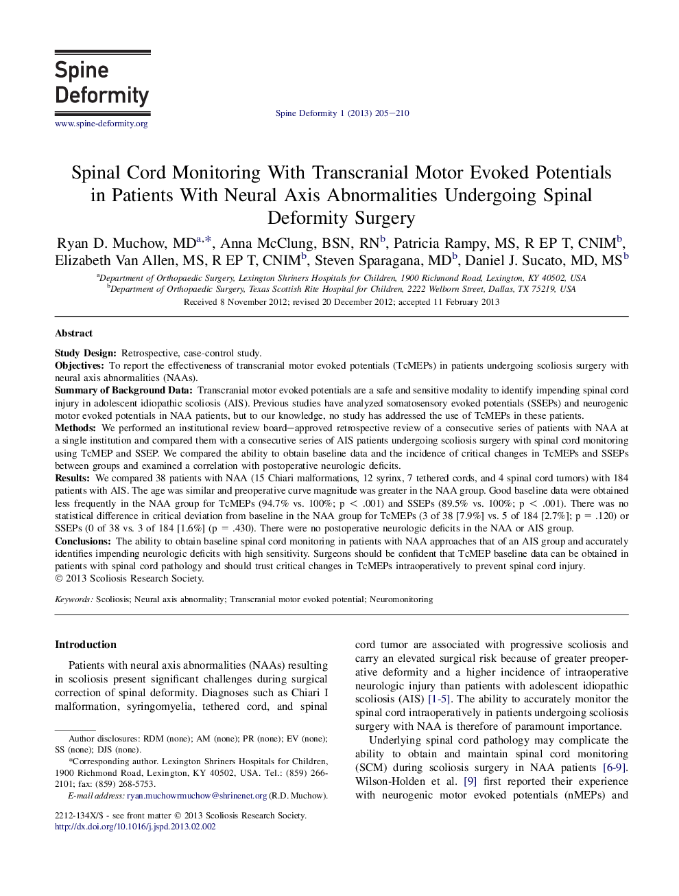 Spinal Cord Monitoring With Transcranial Motor Evoked Potentials in Patients With Neural Axis Abnormalities Undergoing Spinal Deformity Surgery 