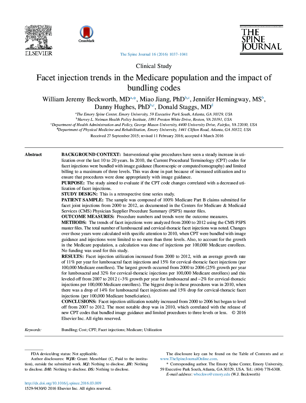 Facet injection trends in the Medicare population and the impact of bundling codes 