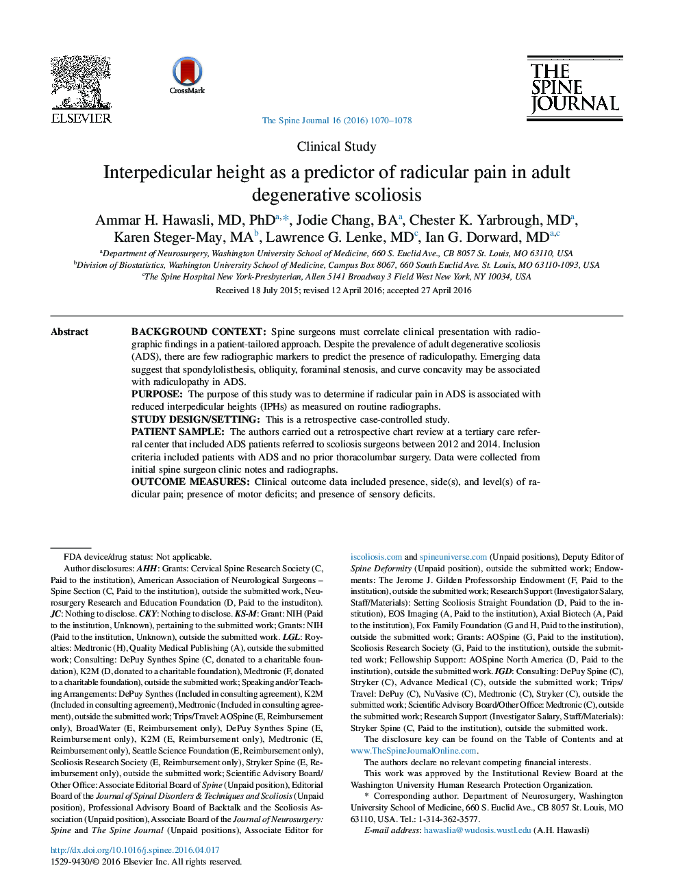 Interpedicular height as a predictor of radicular pain in adult degenerative scoliosis 