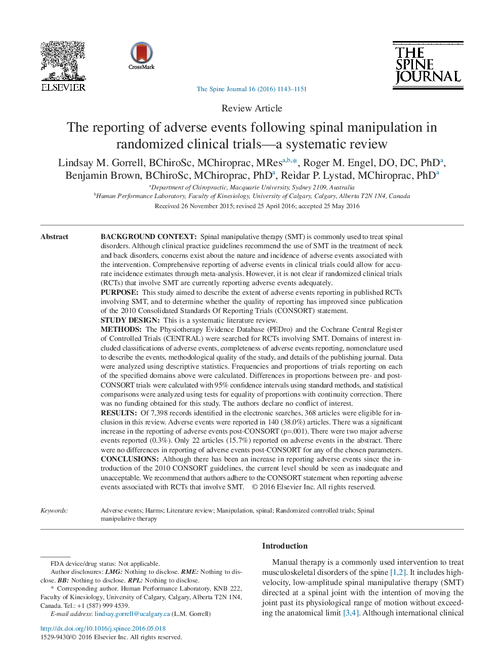 The reporting of adverse events following spinal manipulation in randomized clinical trials—a systematic review 