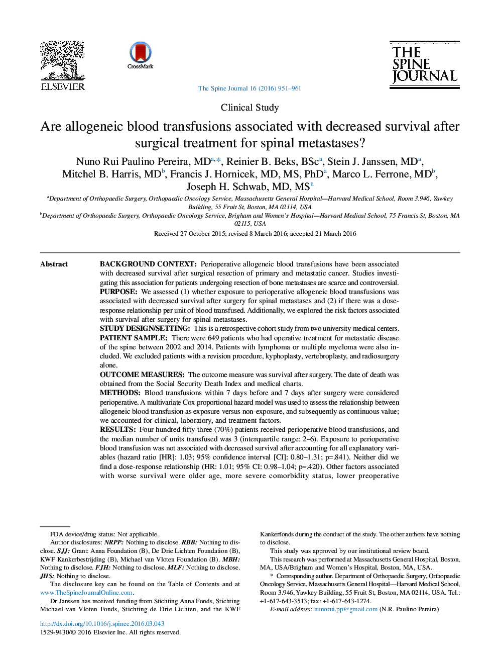 Are allogeneic blood transfusions associated with decreased survival after surgical treatment for spinal metastases? 