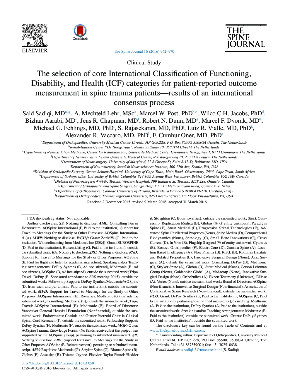 The selection of core International Classification of Functioning, Disability, and Health (ICF) categories for patient-reported outcome measurement in spine trauma patients—results of an international consensus process 