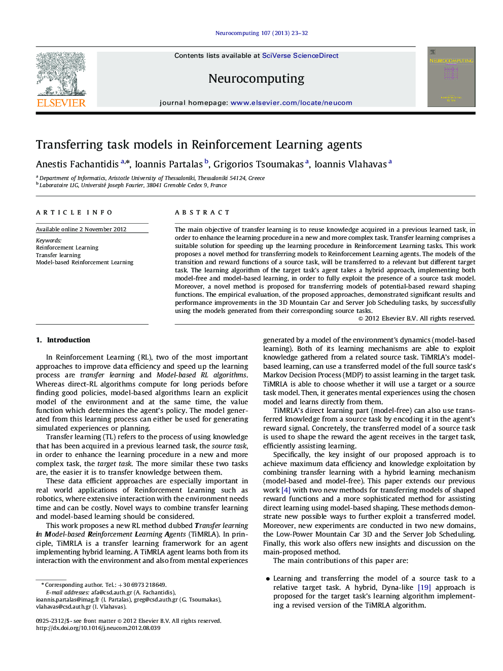 Transferring task models in Reinforcement Learning agents