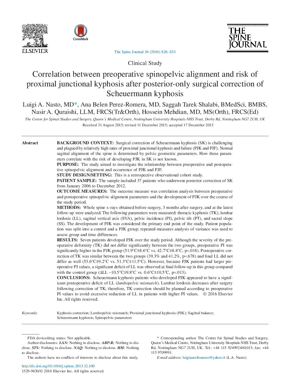 Correlation between preoperative spinopelvic alignment and risk of proximal junctional kyphosis after posterior-only surgical correction of Scheuermann kyphosis 