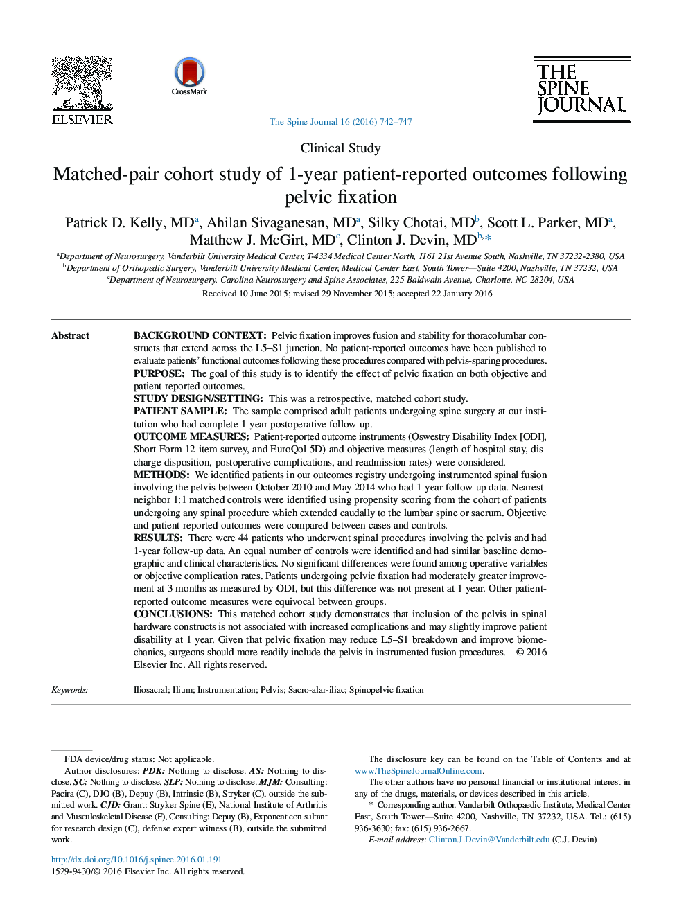 Matched-pair cohort study of 1-year patient-reported outcomes following pelvic fixation 