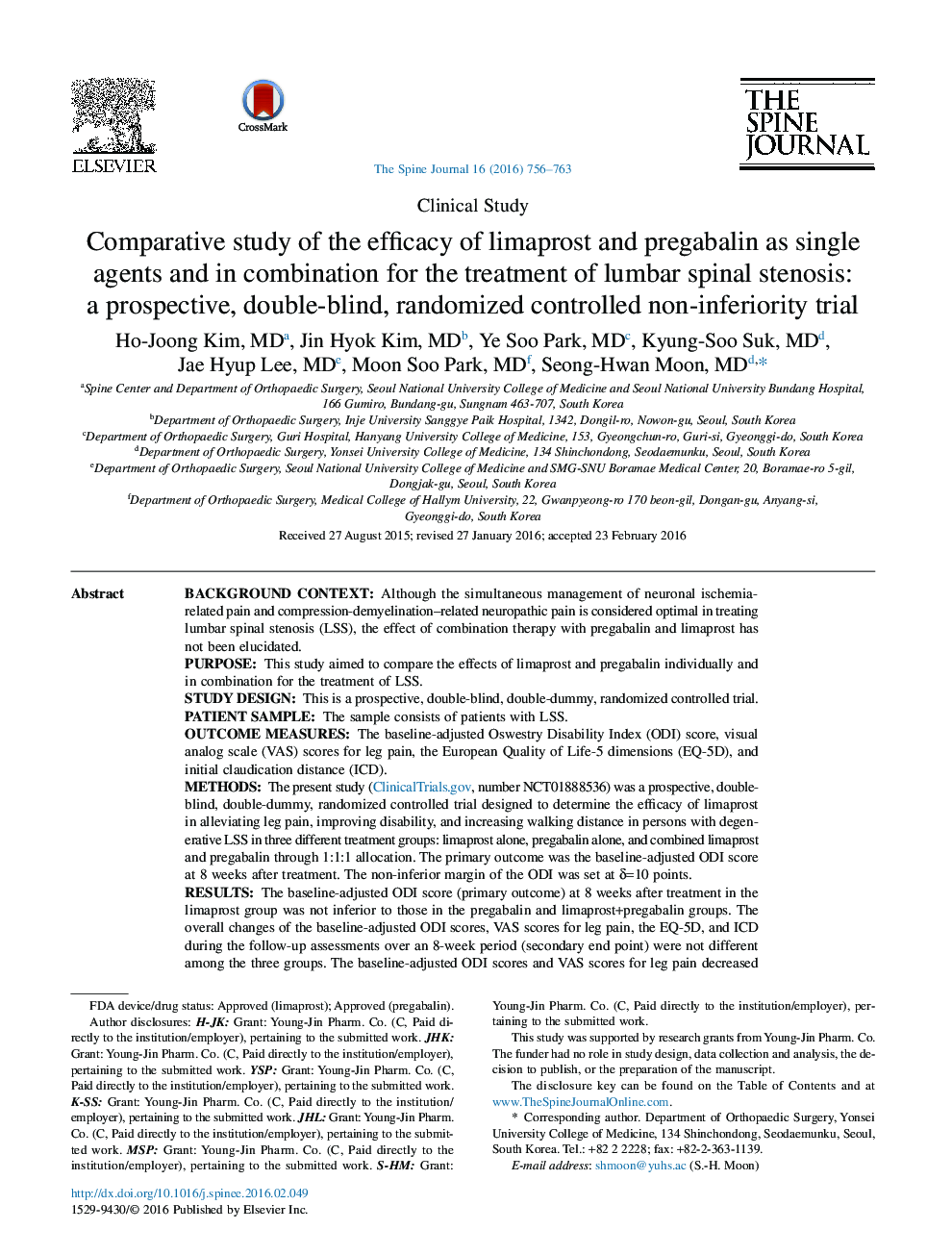 Comparative study of the efficacy of limaprost and pregabalin as single agents and in combination for the treatment of lumbar spinal stenosis: a prospective, double-blind, randomized controlled non-inferiority trial 